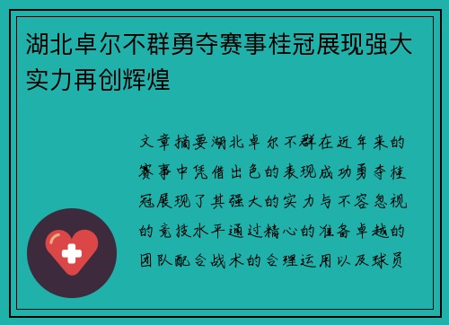 湖北卓尔不群勇夺赛事桂冠展现强大实力再创辉煌