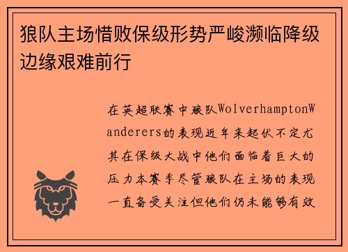 狼队主场惜败保级形势严峻濒临降级边缘艰难前行