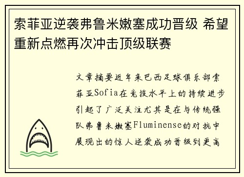 索菲亚逆袭弗鲁米嫩塞成功晋级 希望重新点燃再次冲击顶级联赛