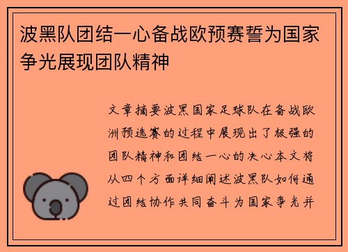 波黑队团结一心备战欧预赛誓为国家争光展现团队精神