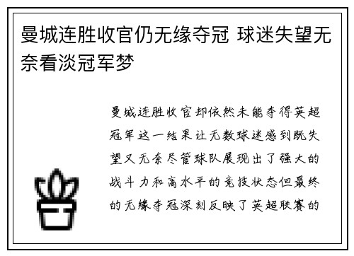 曼城连胜收官仍无缘夺冠 球迷失望无奈看淡冠军梦