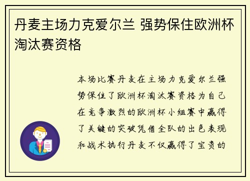 丹麦主场力克爱尔兰 强势保住欧洲杯淘汰赛资格
