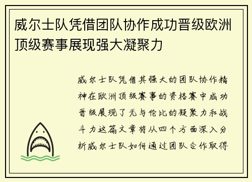 威尔士队凭借团队协作成功晋级欧洲顶级赛事展现强大凝聚力