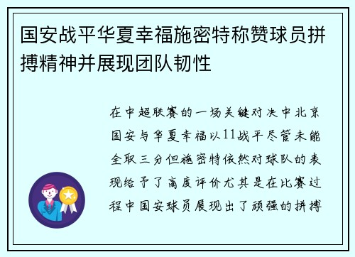 国安战平华夏幸福施密特称赞球员拼搏精神并展现团队韧性