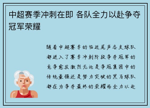 中超赛季冲刺在即 各队全力以赴争夺冠军荣耀